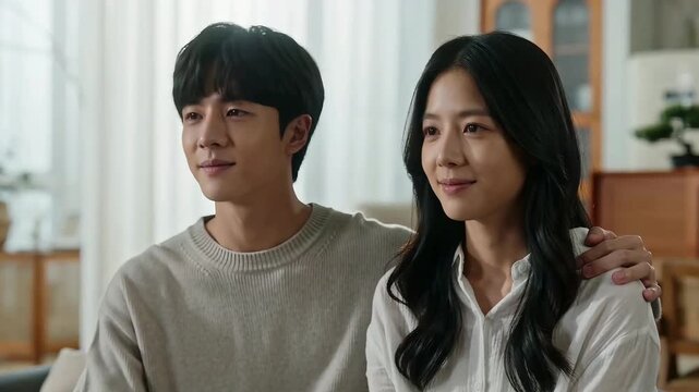 Happy young East Asian couple sitting on a sofa in a bright modern living room with natural lighting. Man embraces woman while looking forward together.