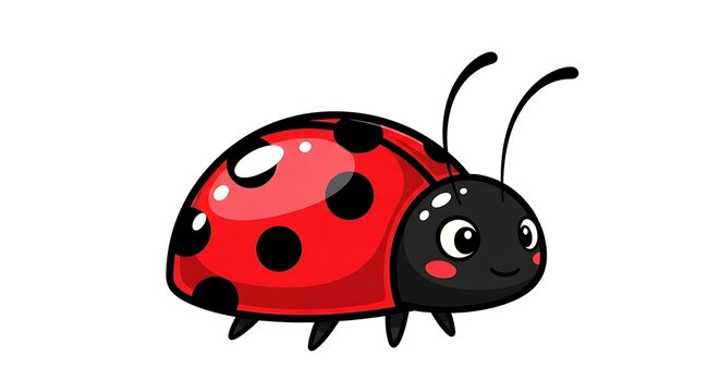 Cartoon illustration of a cheerful ladybug with a red shell and black spots on a white background