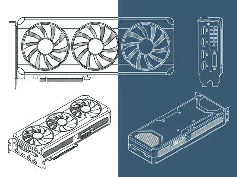 GPU Graphics Card Technical Blueprint Line Art Illustration with Multiple Views