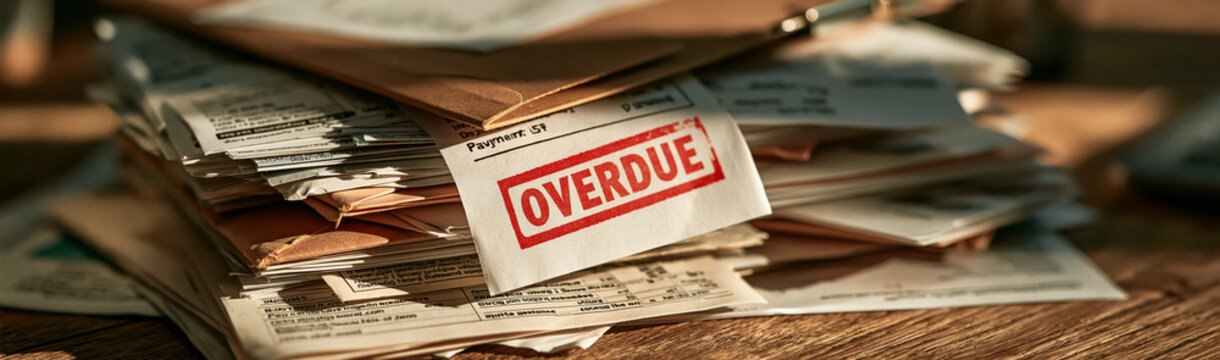 Overdue Bill Stack: A close-up of a messy pile of bills and documents, with a prominent OVERDUE stamp indicating financial troubles. A sense of stress and urgency emanates from the image.