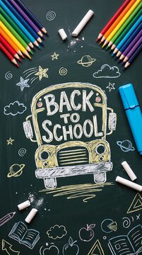 Back to school chalk lettering on blackboard with yellow bus and school supplies