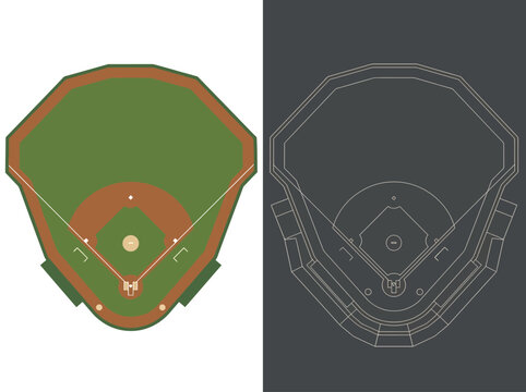 Baseball Field Top Down View Flat Illustration and Minimalist Line Art Blueprint Set