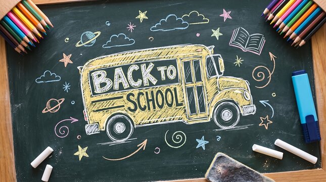 Back to school chalk lettering on blackboard with yellow bus and school supplies