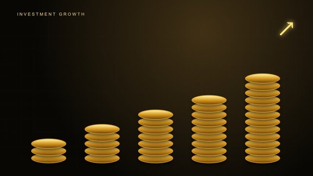 Interest rates and dividend tax concept featuring animated stacked gold coins, percentage bar chart, and upward arrow representing financial growth, investment success, and savings