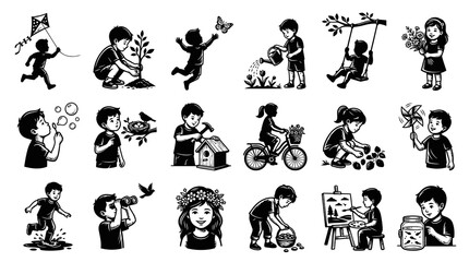 Obraz premium Black White Childhood Activities Illustration Set with Kids Playing, Learning, and Exploring Nature