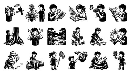 Fototapeta premium Children Exploring Nature Science: Black and White Educational Cartoon Illustrations for Eco-Learning