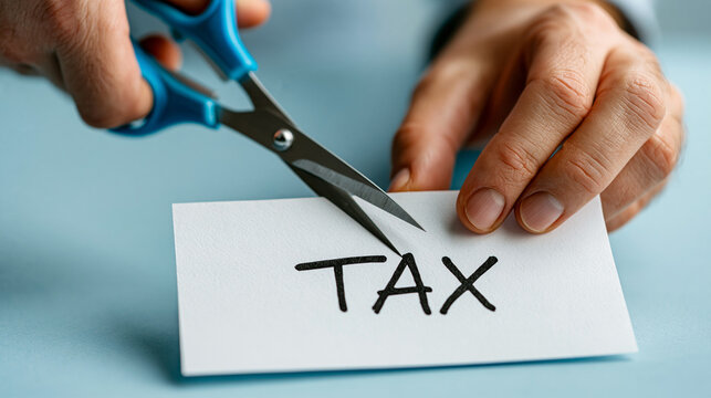 Cutting Taxes: A person uses scissors to cut a piece of paper with the word TAX written on it, symbolizing tax reduction or exemption.