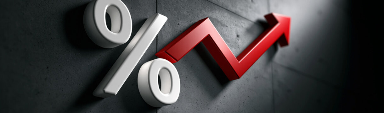 Percentage Growth Concept: A sharp red arrow indicating upward growth curves around a bold white percentage symbol, symbolizing financial progress and economic increase.