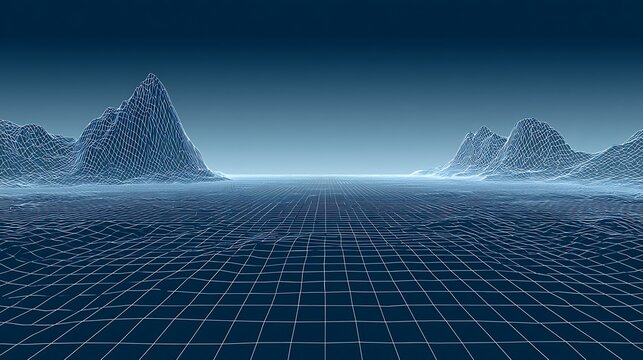 Abstract digital landscape with glowing wireframe mountains and a grid floor. Representing virtual reality and.