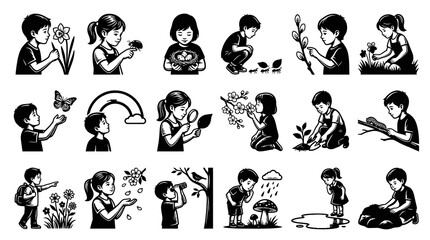Fototapeta premium Children exploring nature and science, line art icons, illustration