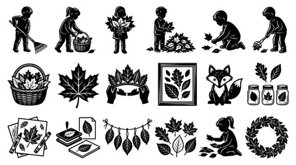 Fototapeta premium Autumn Fall Harvest Activities for Kids - Black and White Icons