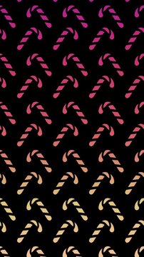 Seamless Looping Pattern of Candy Canes with Gradient Colors on Black Background, Festive Holiday Motion Graphics, 4K