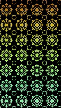 Seamless Looping Animation of Ornate Floral Patterns in Gradient Yellow to Green on Black Background, Subtle Geometric Star Shapes Interspersed, Modern Motion Graphics Backdrop, 4K