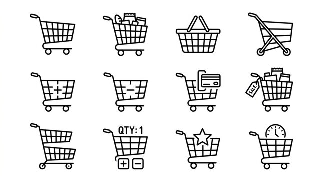 Collection of diverse shopping cart icons representing commerce and retail options