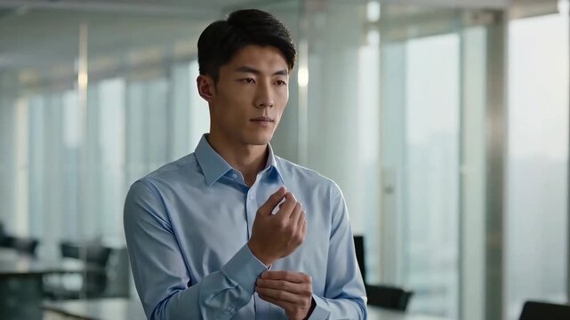 Professional Asian businessman in a light blue formal shirt adjusting his sleeve cuff while standing in a bright, modern corporate office environment.