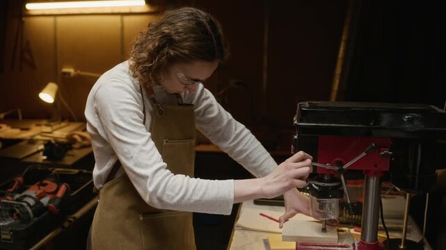 Young adult Caucasian woman operating drill press in carpentry workshop, drilling hole in wooden block. Clip suits promoting vocational training or female representation in trade industries