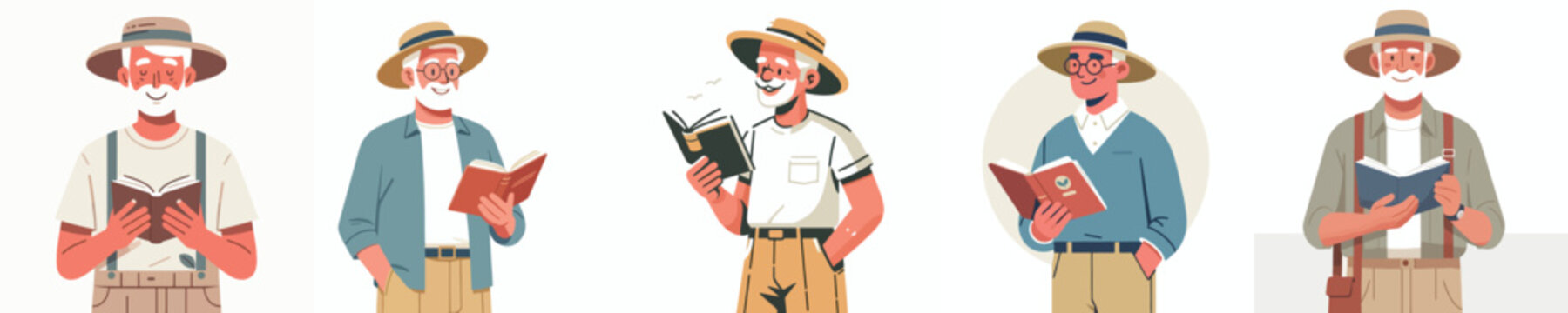 Flat vector illustration half body of a grandpa reading a book in summer vibes