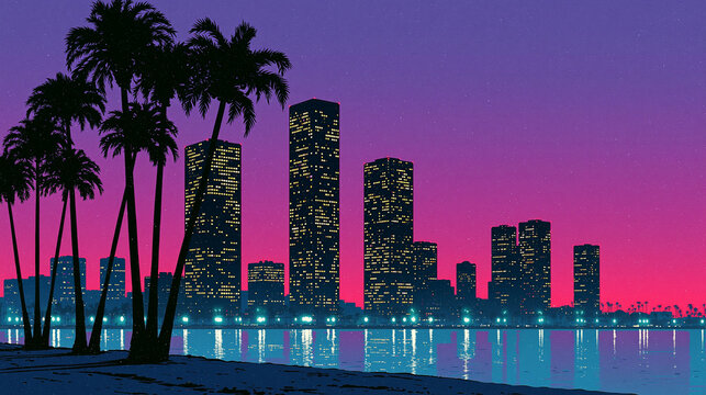 Miami Skyline at Dusk: A vibrant Miami cityscape silhouetted against a mesmerizing sunset, with towering skyscrapers reflecting in the tranquil bay waters and palm trees swaying gently.