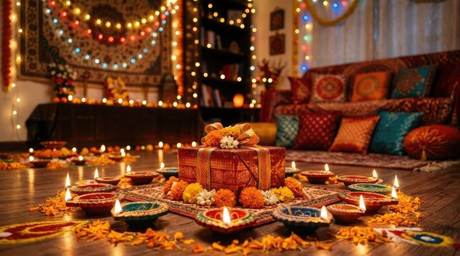 Beautifully decorated living room with glowing oil lamps and fairy lights for the indian festival of diwali