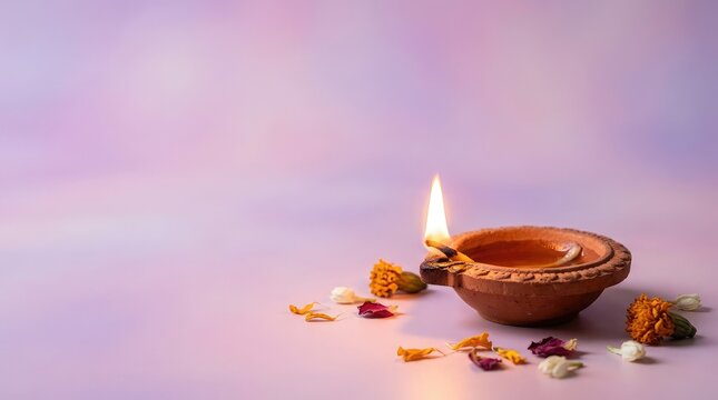 A traditional clay diya lamp glowing with a warm flame surrounded by scattered flower petals for diwali celebration