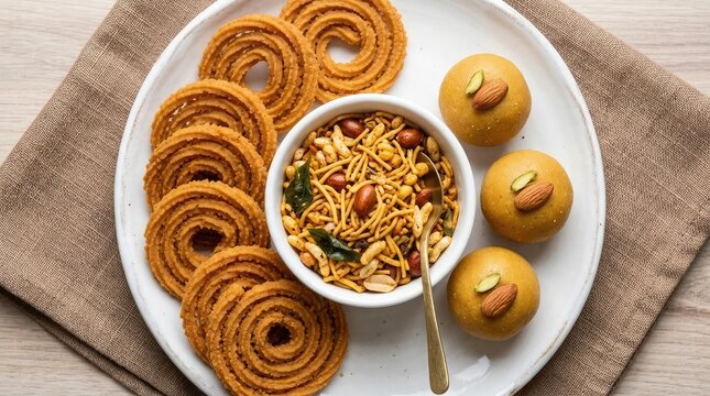 Top view of traditional indian diwali snacks featuring crispy chakli and sweet laddu served on a plate