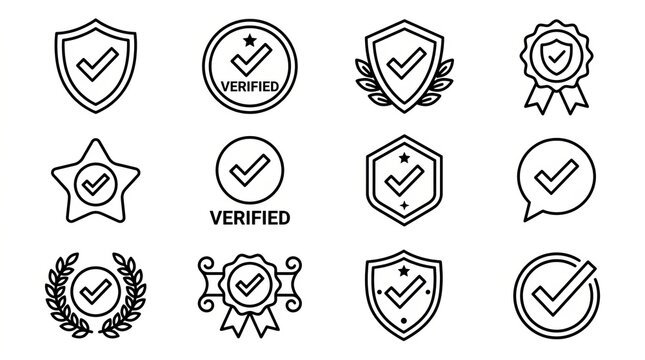 Collection of flat design verification and approval symbols in various styles.