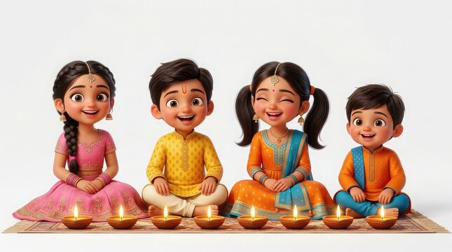 Happy indian children dressed in traditional clothing sitting together with glowing oil lamps for diwali festival