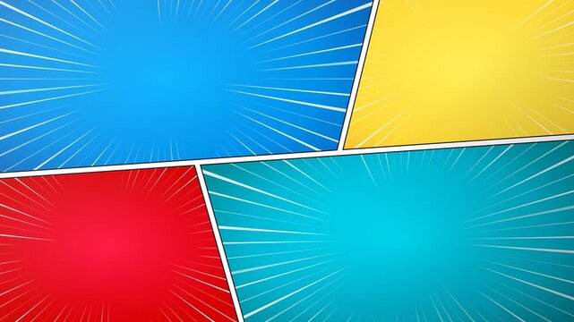 Comic book panel template with colorful background and radial speed lines for pop art design