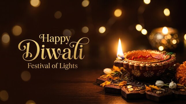Happy diwali festival greeting card with traditional oil lamps and glowing bokeh lights on a dark background