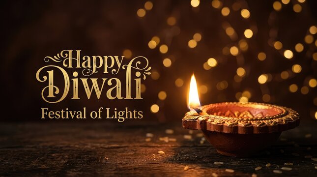 Happy diwali greeting card with a glowing traditional oil lamp and beautiful golden bokeh background lights