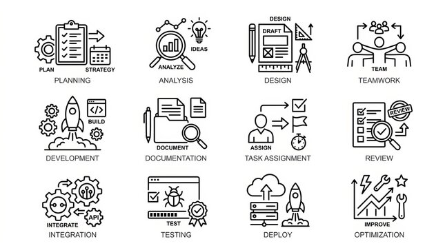 Diverse business process icons illustrating project lifecycle stages from planning to optimization.