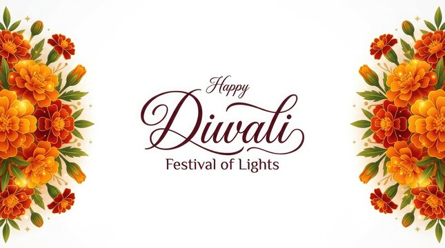 Happy diwali festival of lights greeting card design with beautiful orange marigold flower borders on white background
