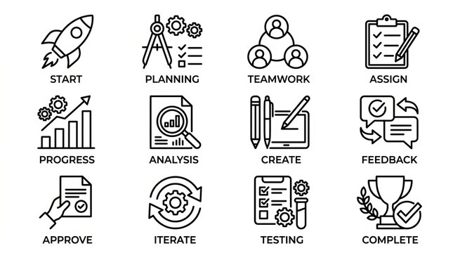 Visual icons representing project management phases from start to completion.