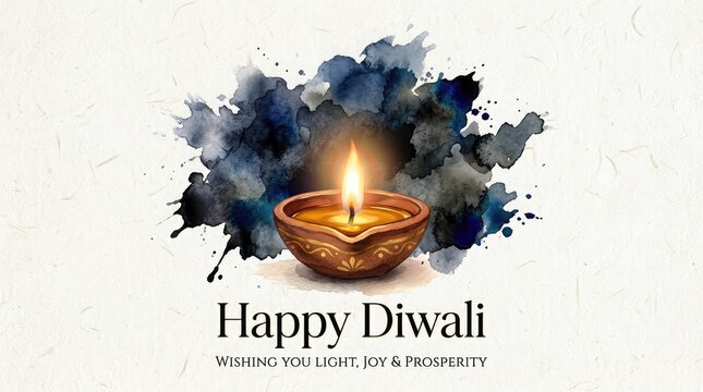 Happy diwali greeting card with a traditional glowing oil lamp and artistic dark blue watercolor ink splash background