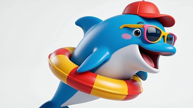 Funny cartoon dolphin with a swimming ring animation