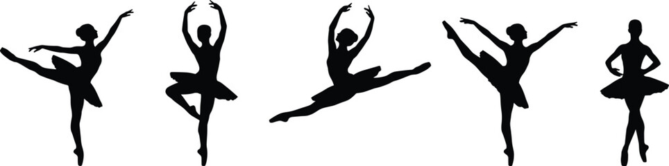 Fototapeta premium Set of five black ballerina silhouettes in classic dance poses isolated vector illustration
