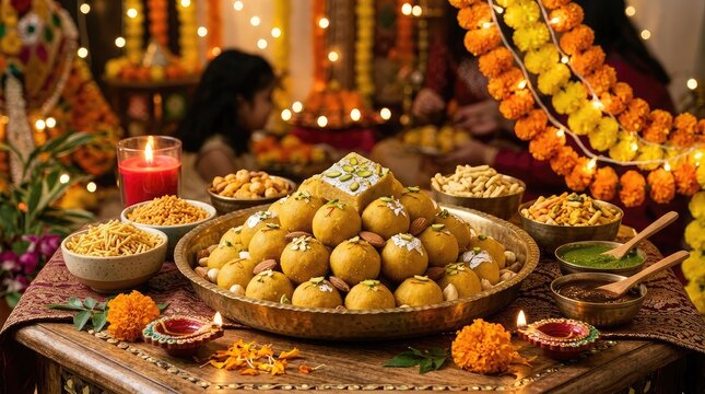 Traditional indian sweets laddu served on a brass plate for diwali festival celebration with glowing oil lamps