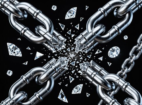 Shattered metal chains break into pieces with scattered diamond fragments against black background. Silver links snap apart creating explosion effect of crystal shards. Concept of freedom liberation
