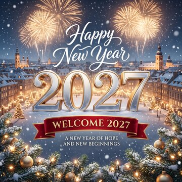 Happy new year 2027 greeting card with beautiful fireworks over a night city