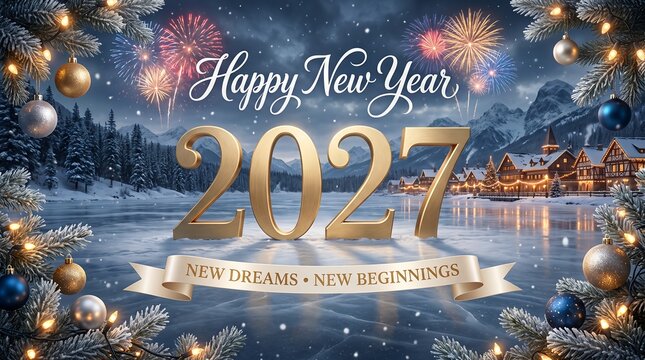 Happy new year 2027 greeting card with beautiful fireworks over a night city