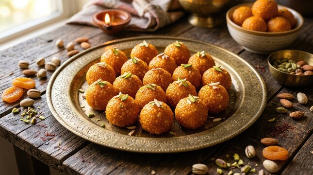 Traditional indian sweet motichoor ladoo served on a vintage brass plate for festive celebrations and diwali