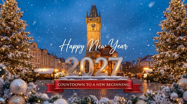 New year 2027 greeting card with fireworks over a winter town and fir tree branches