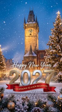 Happy new year 2027 greeting card with beautiful fireworks over a night city