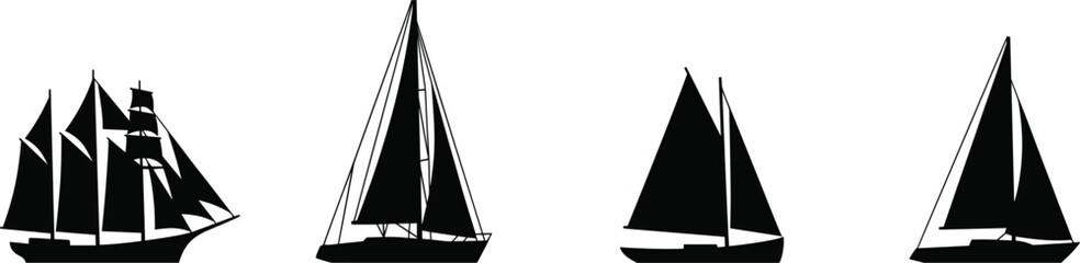 Set of four black sailing ship and boat silhouettes isolated vector illustration on white background © VectoPro