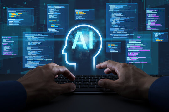 AI powered coding agent. Software development tools for automating code generation and testing. Engineer typing on computer keyboard and designing application.