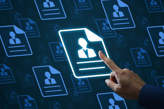 HR recruitment process using digital system for automated resume screening and hiring decisions. Businessman touching job application file icon.