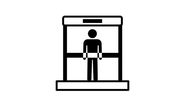 Airport security scanner icon showing a person standing calmly inside a full body scan gate representing travel safety and passenger screening process