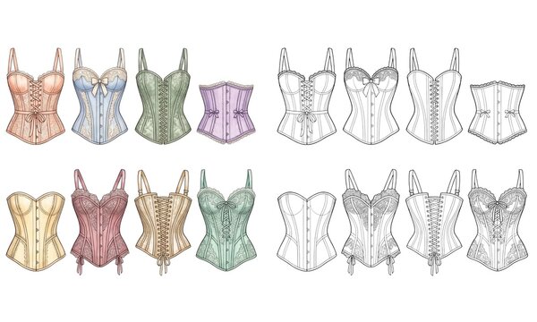 Victorian Bridal Corset Complete Collection Split Eight Styles Colored and Line Art Pastel Watercolor Technical Sketch
