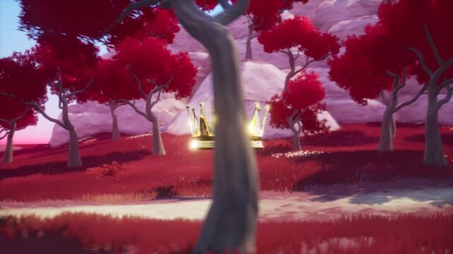 360 Rotating View of Golden Royal Crown Floating in Red Foliage World Game Asset
