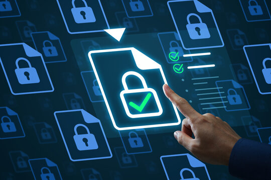 File encryption. Protecting confidential data through information security and access control. Businessman touching padlock icon on secure document management system.